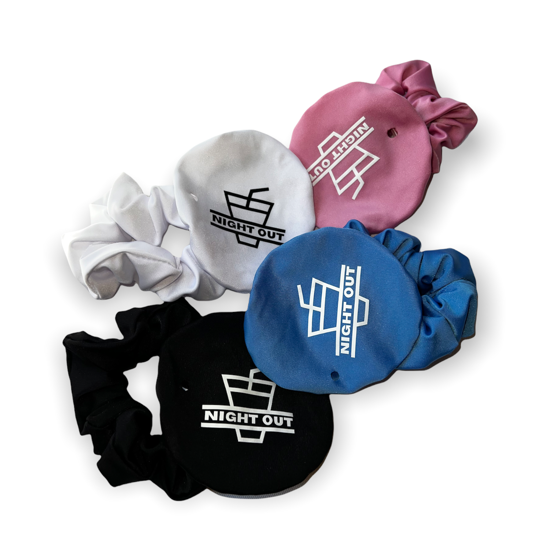 Our four different colour scrunchies. Put the cover straight into its pocket and wear it on your wrist! 